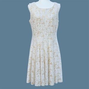 Chetta B Gold with White Floral Lace Overlay Fit and Flare Sleeveless Dress, 14